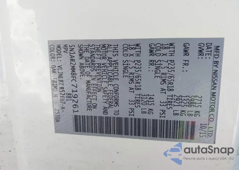 2015 Nissan Pathfinder S z USA, uszkodzony, nr VIN 5N1AR2MM8FC719261